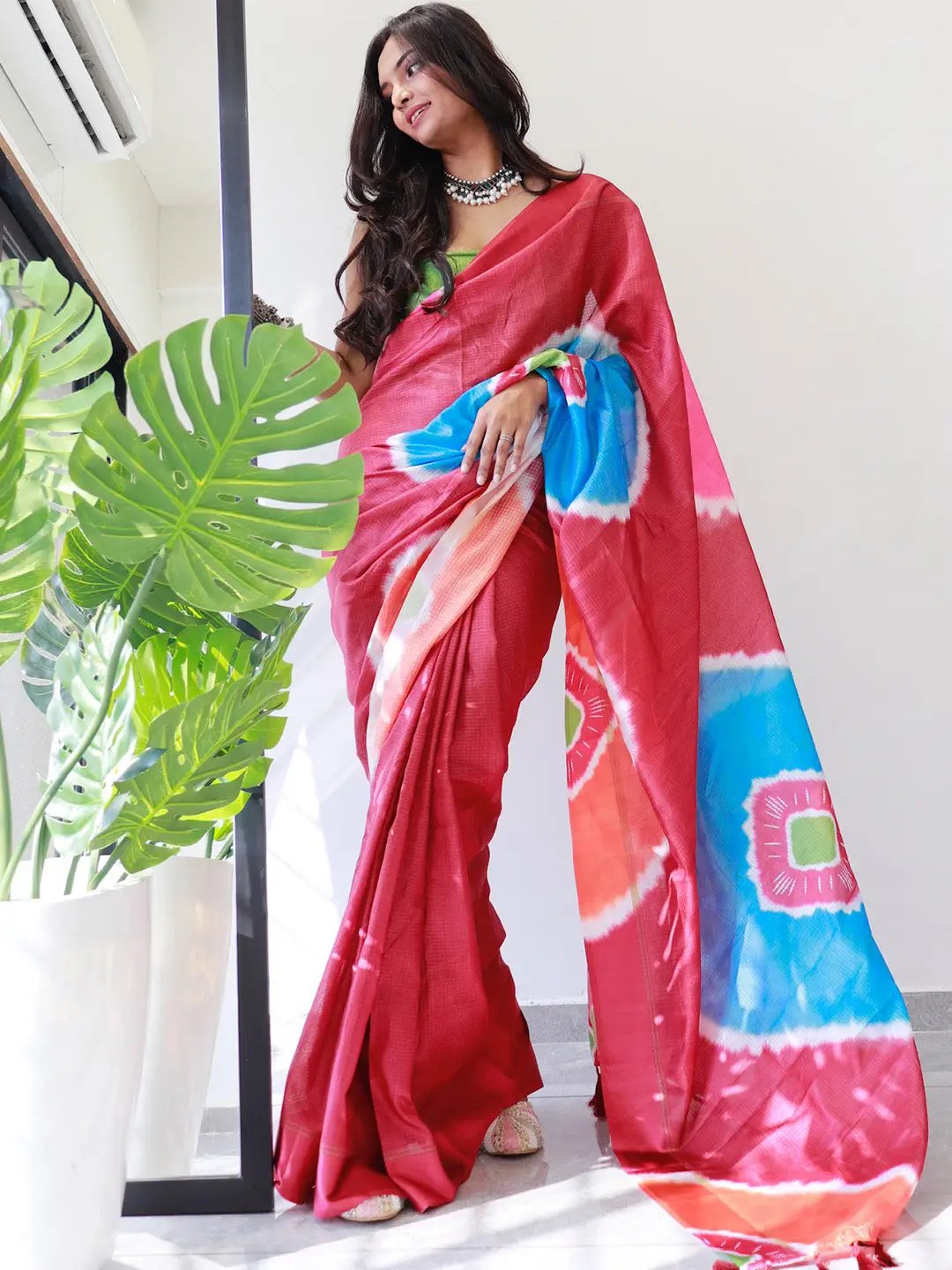 Elegant red designer saree with digital tie dye print