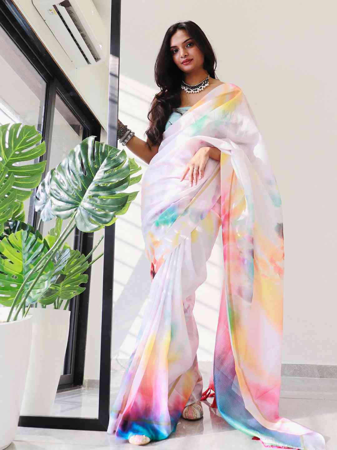 Designer tie dye satin Kota Doria saree, perfect for parties