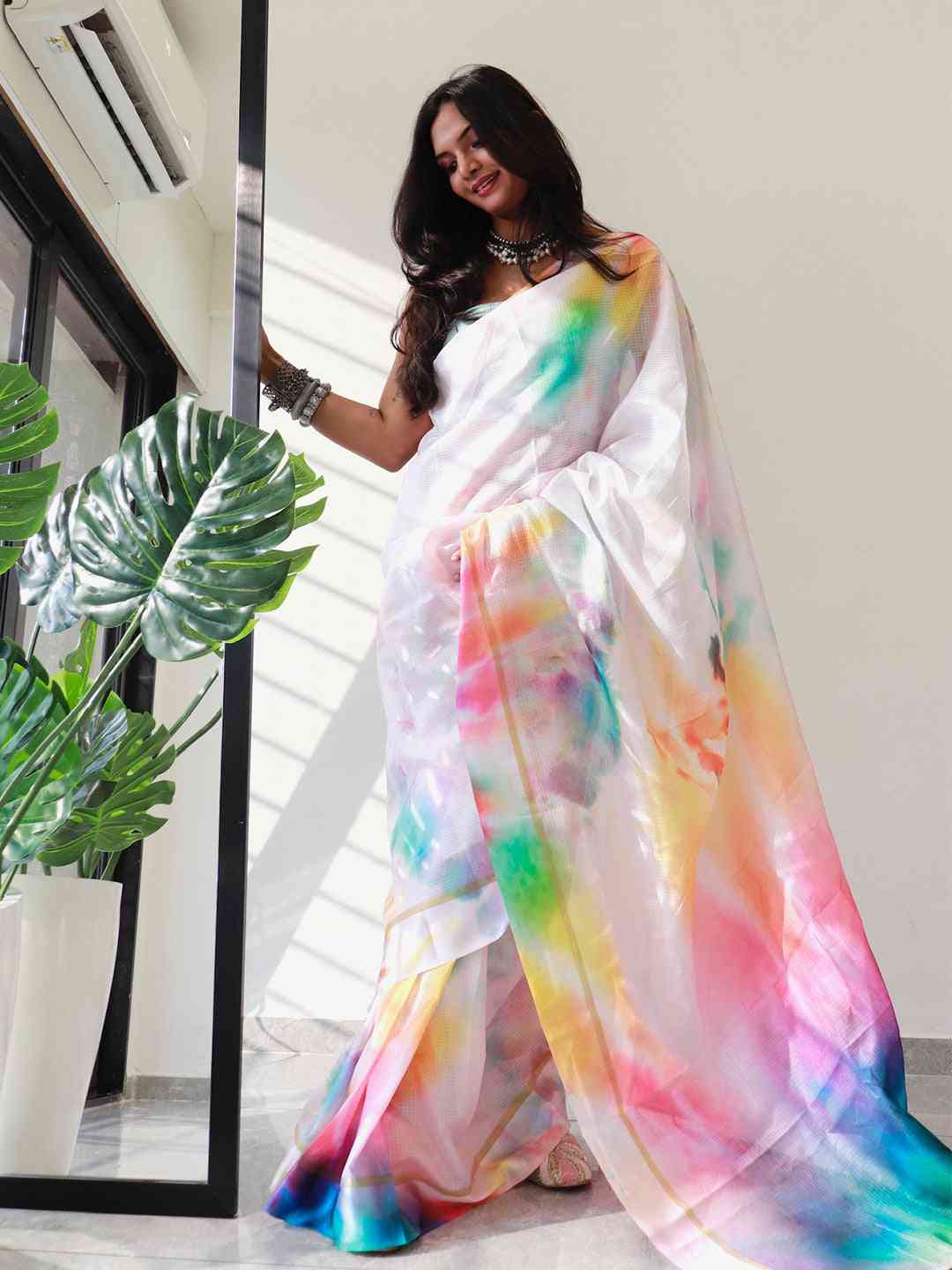 Elegant tie dye satin Kota Doria saree with colorful patterns