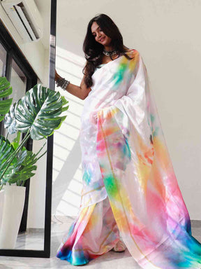 Elegant tie dye satin Kota Doria saree with colorful patterns
