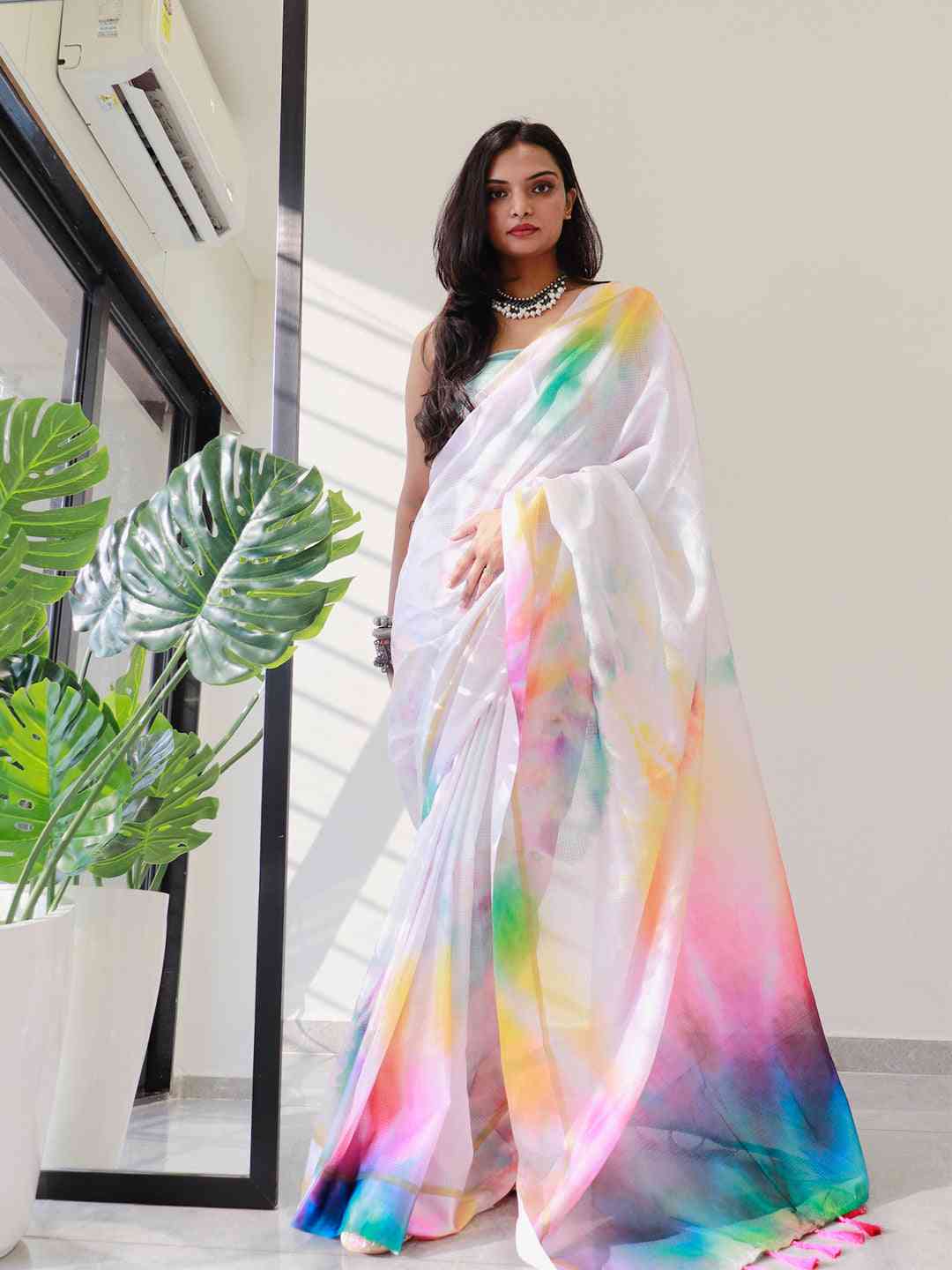 Stylish tie dye satin Kota Doria saree, multicolored elegance