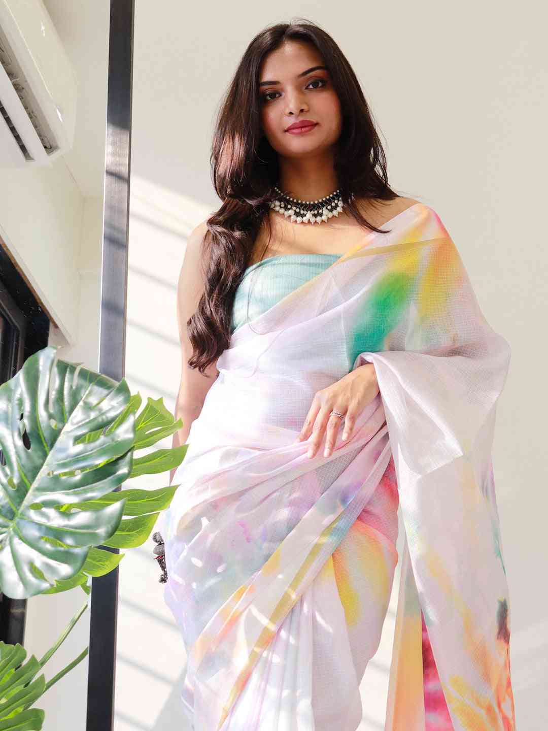 Tie dye digital printed satin Kota Doria saree, vibrant colors