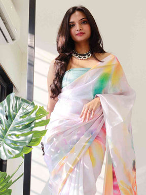 Tie dye digital printed satin Kota Doria saree, vibrant colors