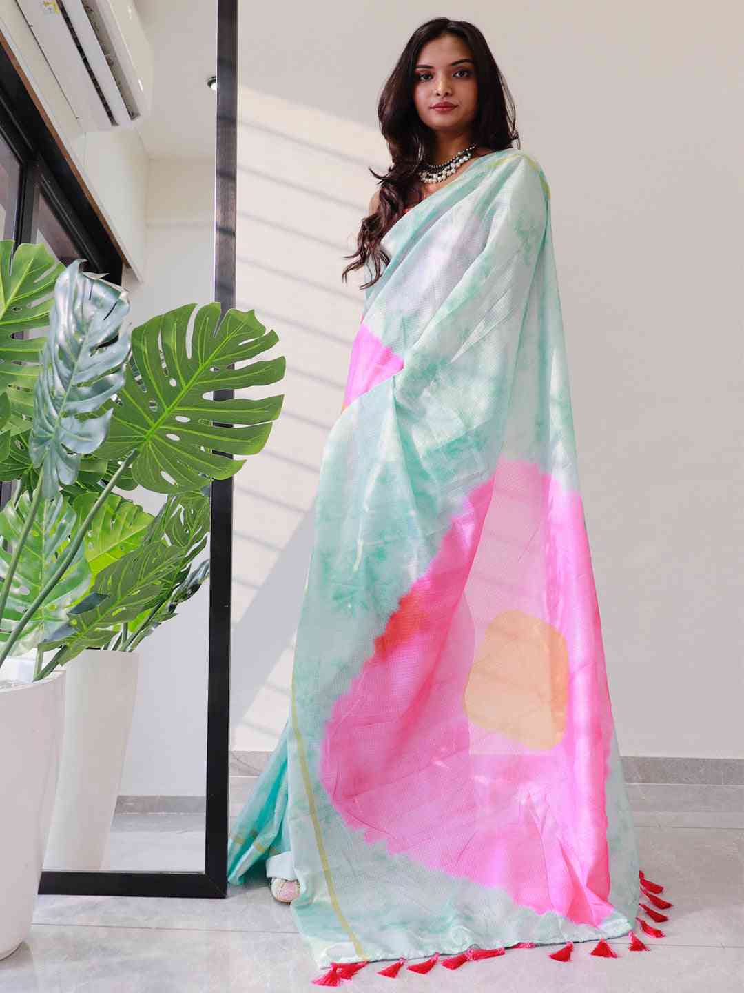 Designer sky blue tie dye satin Kota Doriya saree