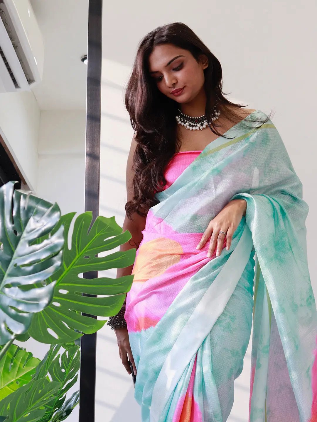 Stylish tie dye satin Kota Doriya saree in sky blue