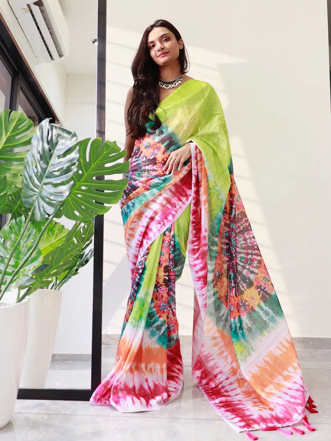 Lime tie dye satin Kota Doriya saree with floral patterns