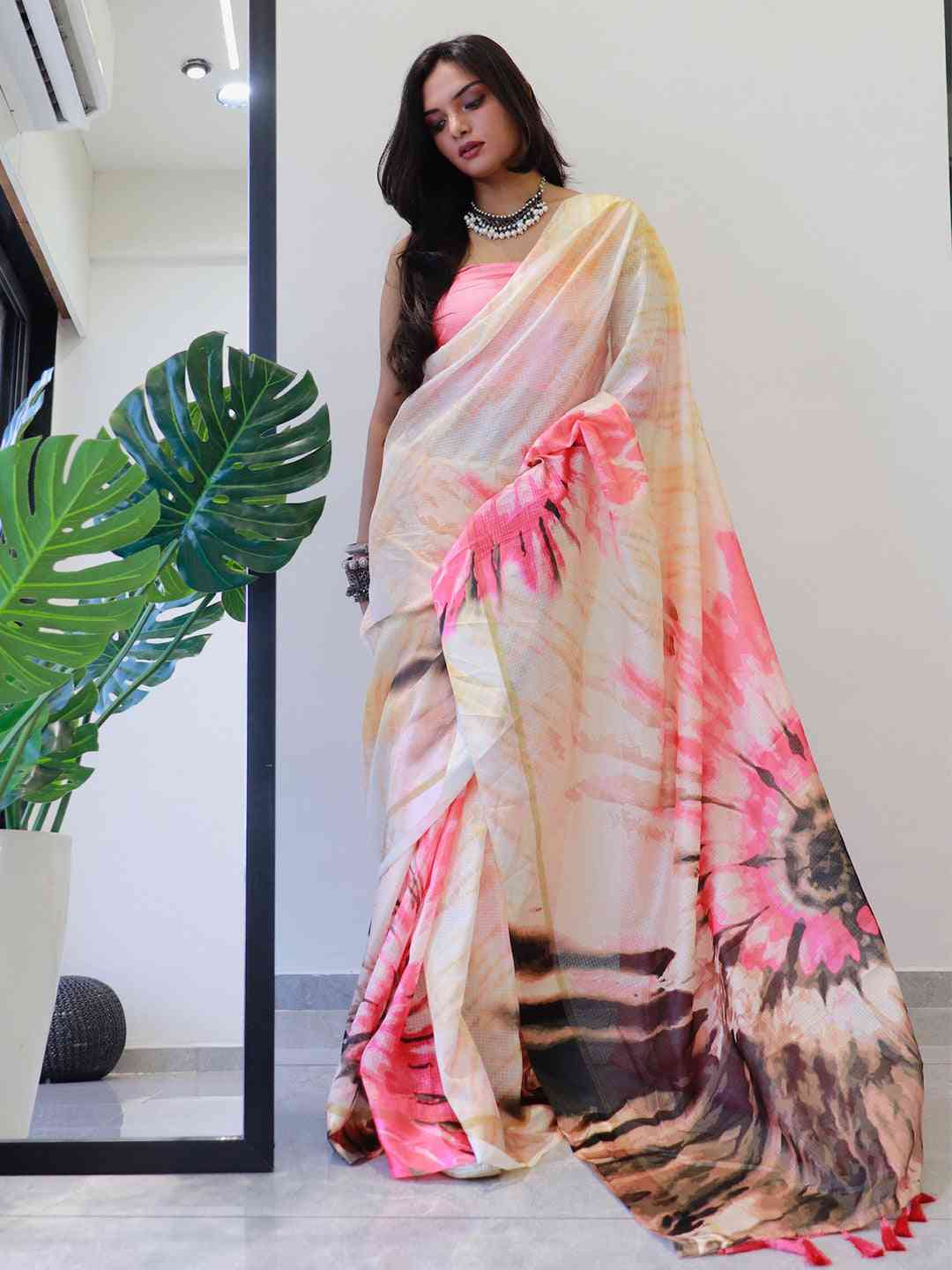 Front view of tie dye digital printed saree with vibrant colors