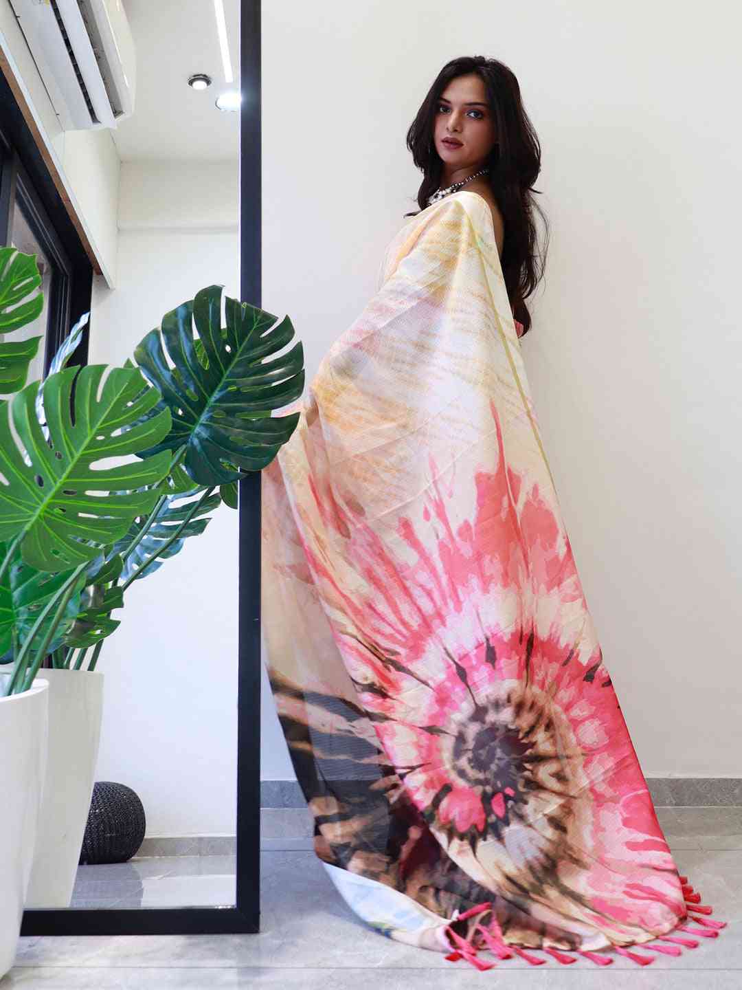Back view of tie dye digital printed saree showcasing design