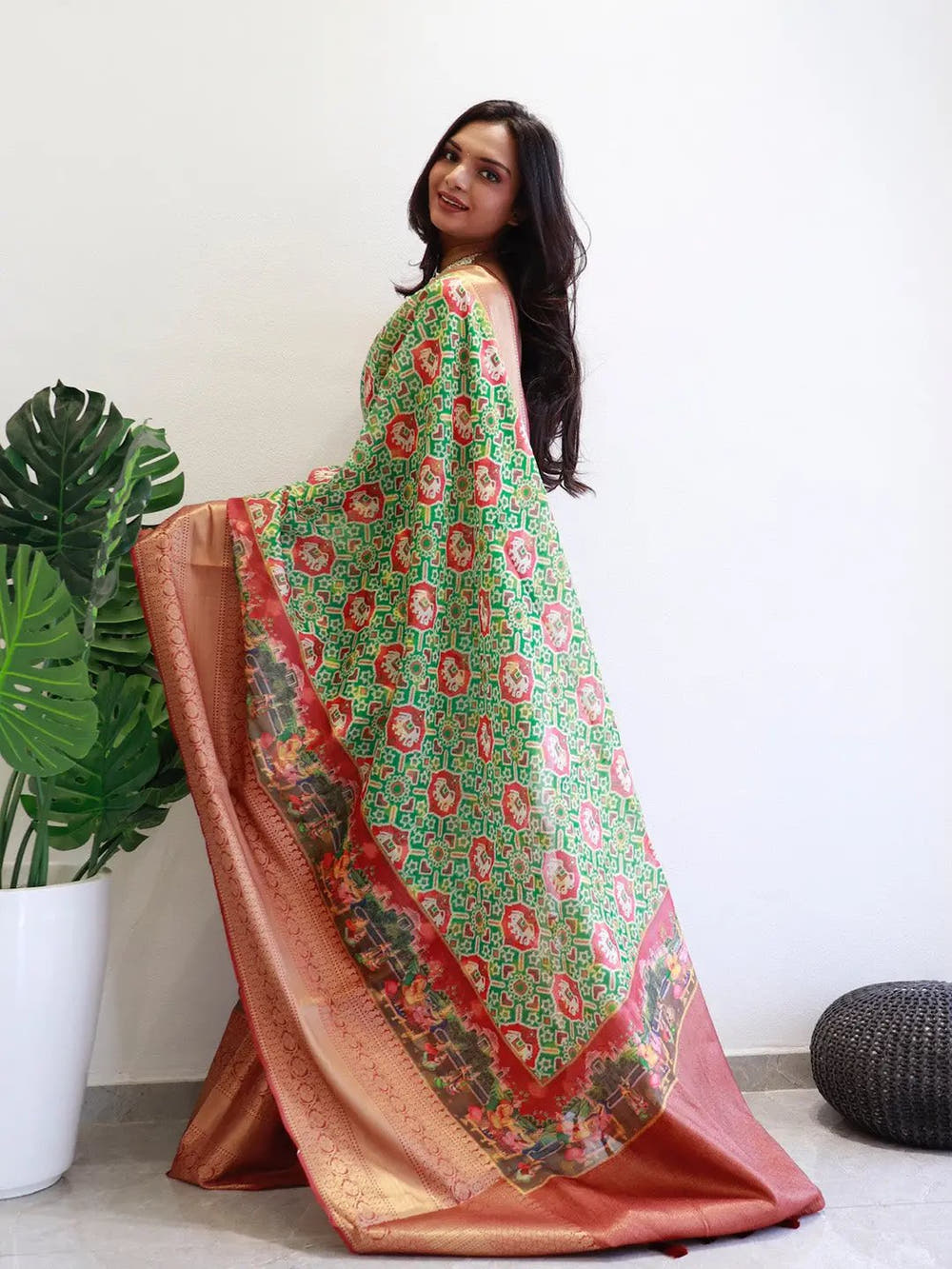 Designer Moonga Silk Kota Doriya saree with vibrant Patola print.