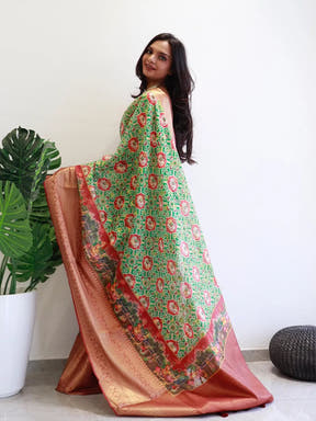 Designer Moonga Silk Kota Doriya saree with vibrant Patola print.