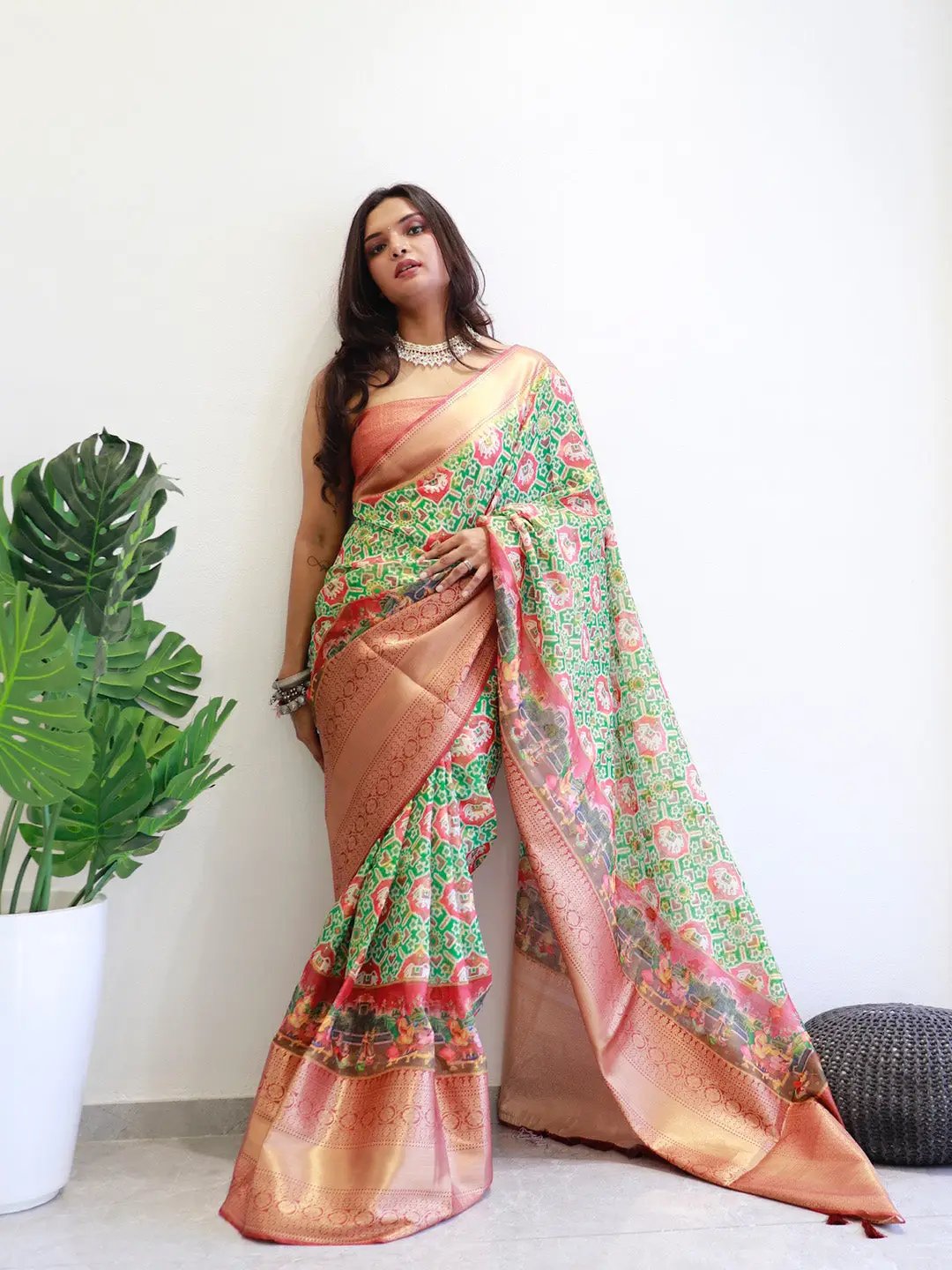 Elegant Moonga Silk Kota Doriya saree with Patola digital print.