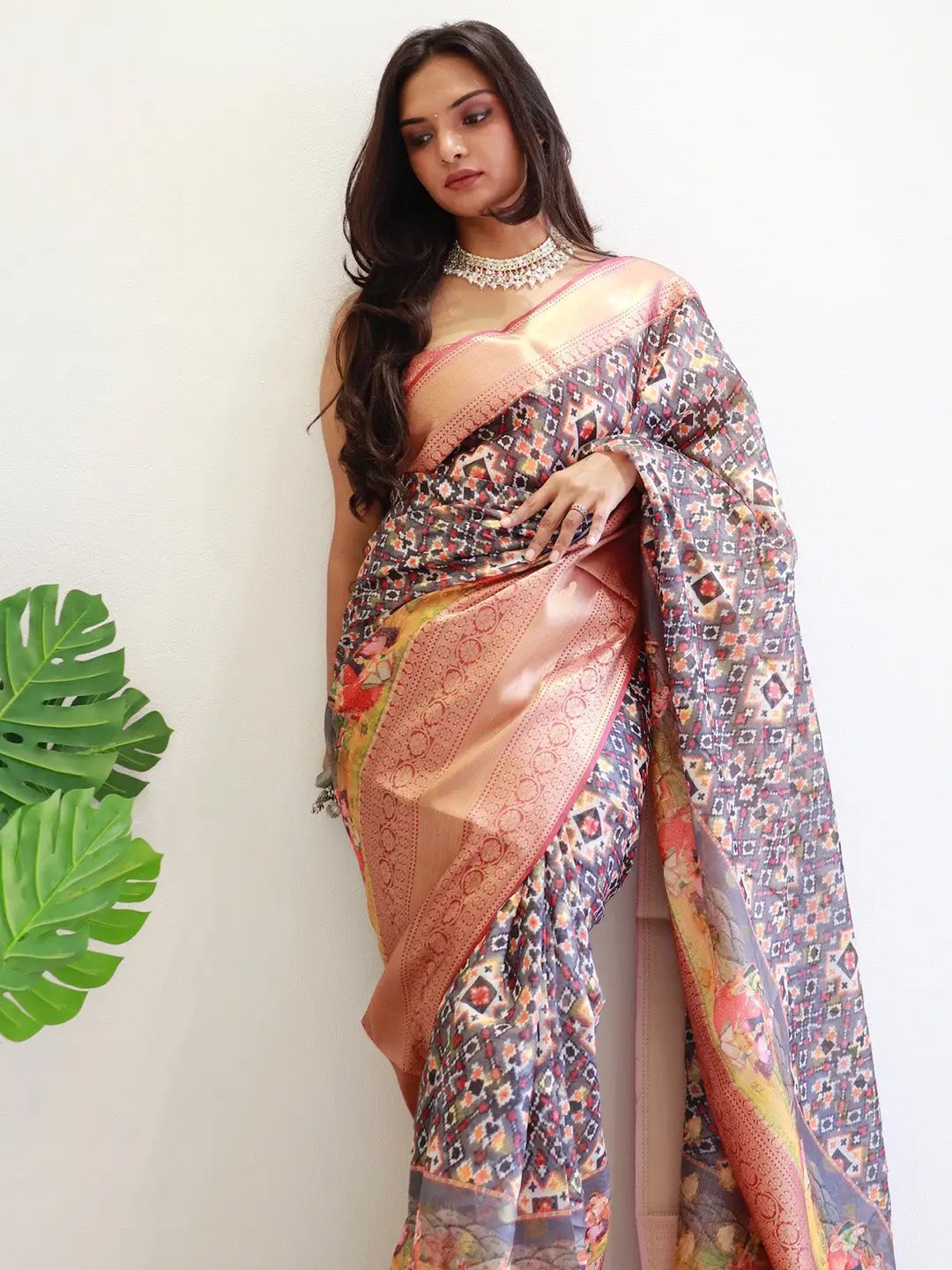 Close-up of Moonga Silk Kota Doriya Patola printed saree