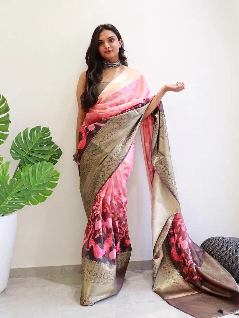 Peach Hybrid Kalamkari Printed Kota Doriya Saree