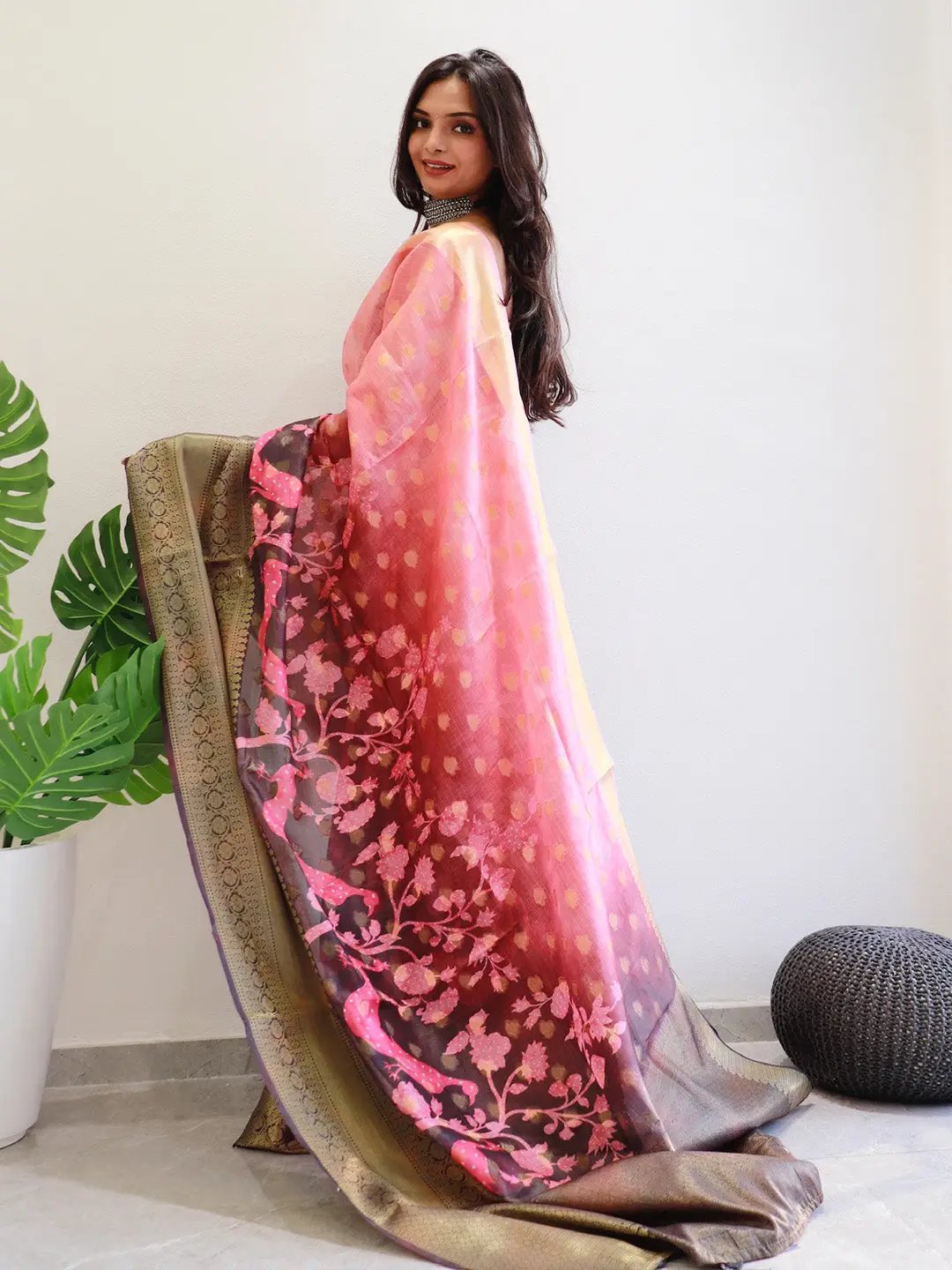 Stylish Hybrid Kalamkari Kota Doriya Saree in pink hues