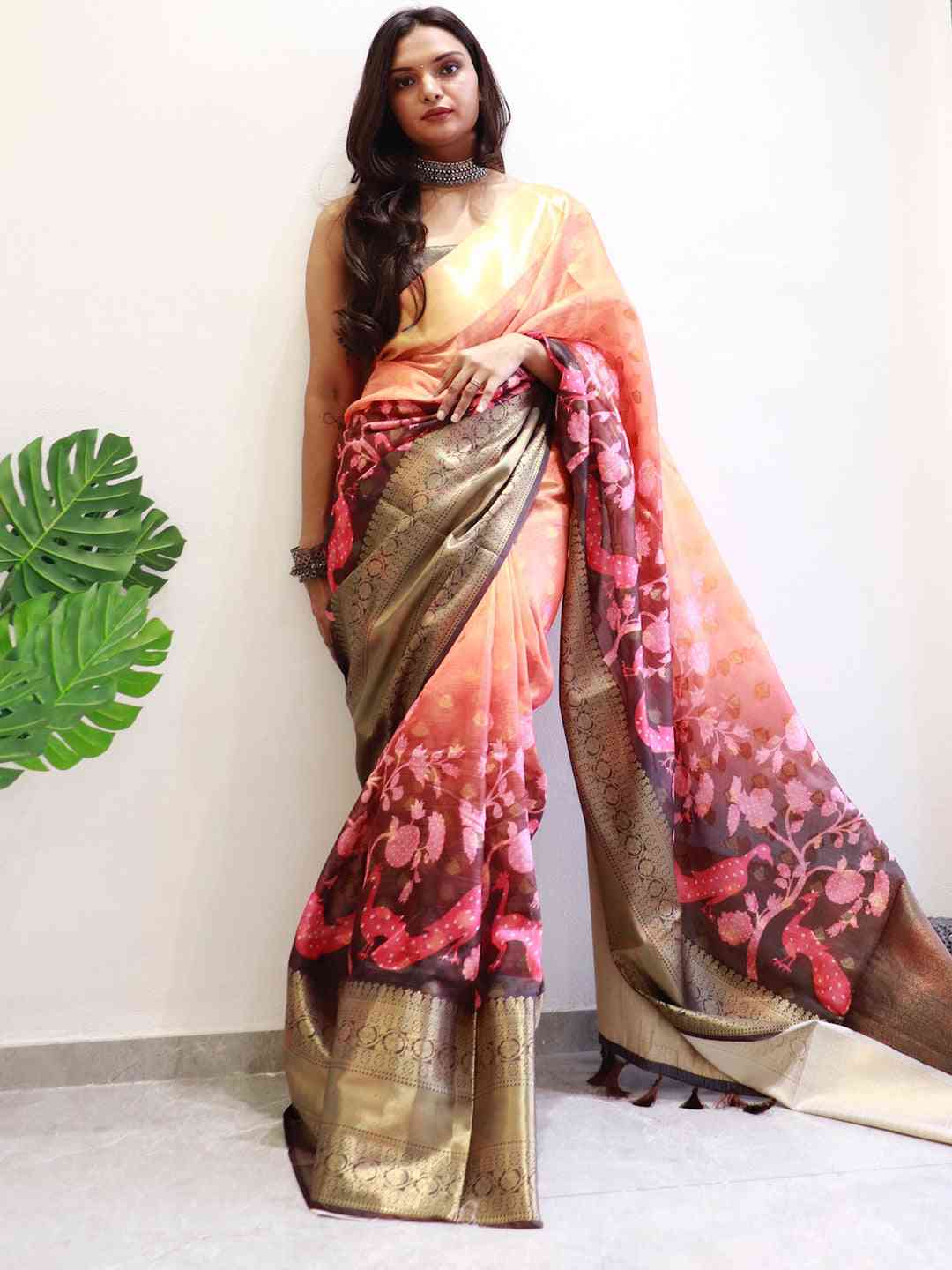 Hybrid Kalamkari Printed Kota Doriya Saree with floral design