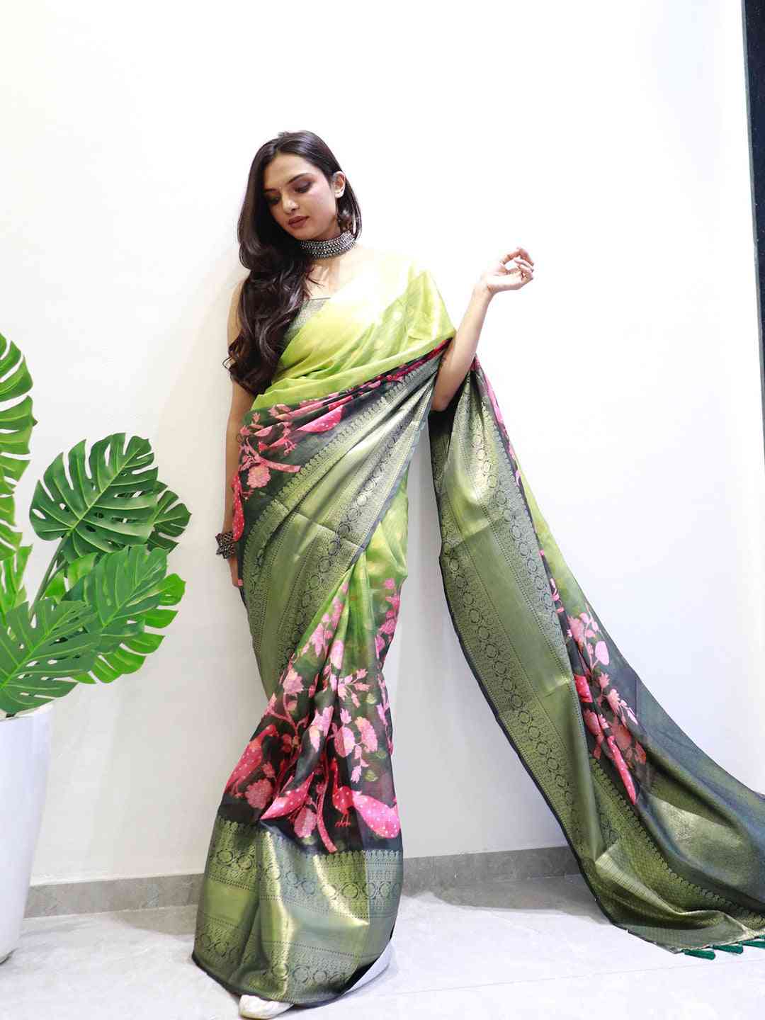 Hybrid Kalamkari Printed Kota Doriya Saree in green and pink