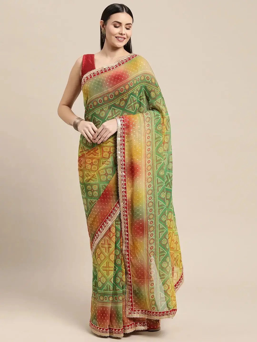 Georgette Bandhani Saree with Embroidery Work 