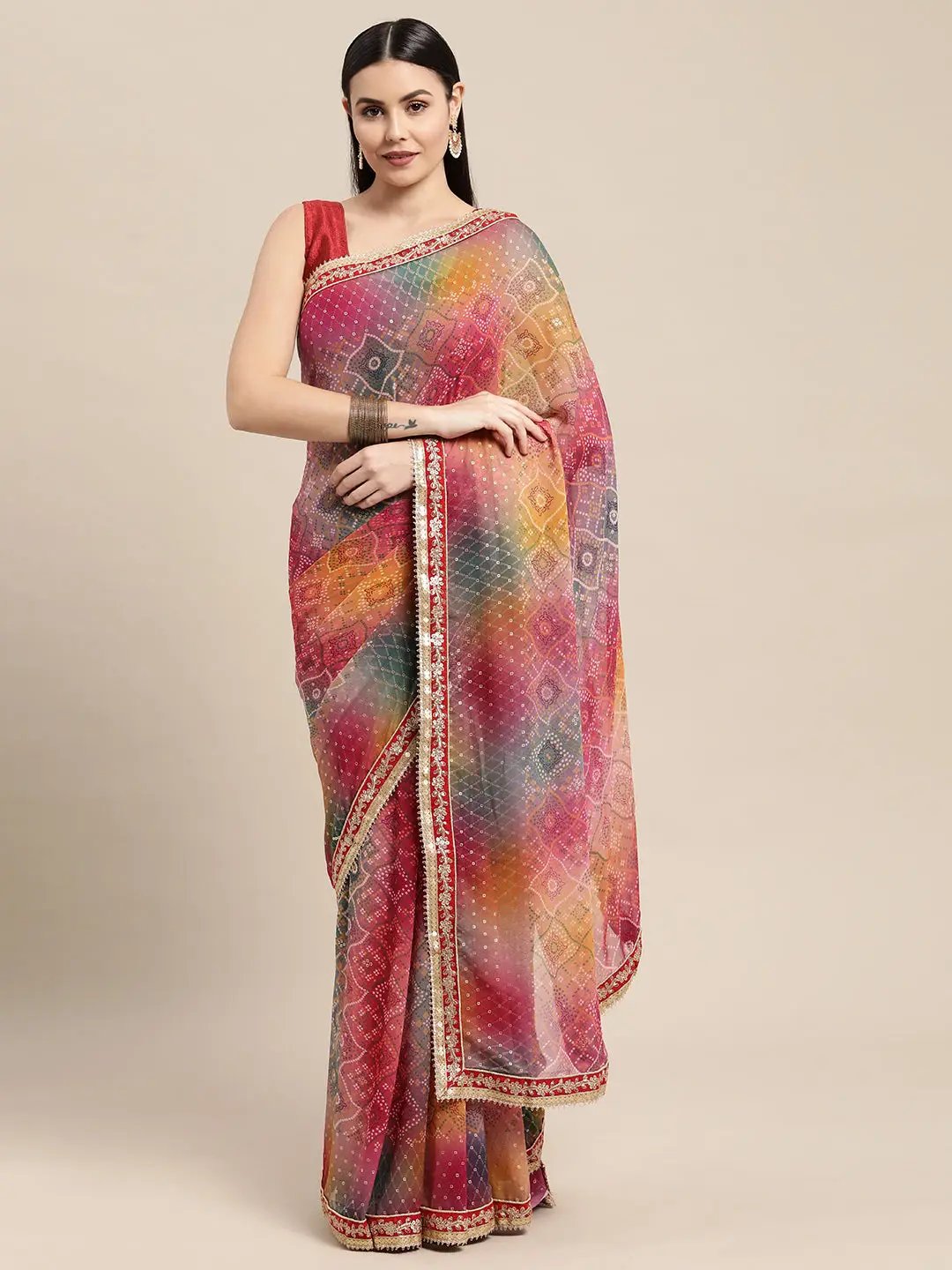 Poly Georgette Bandhani Saree With Embroidery Work