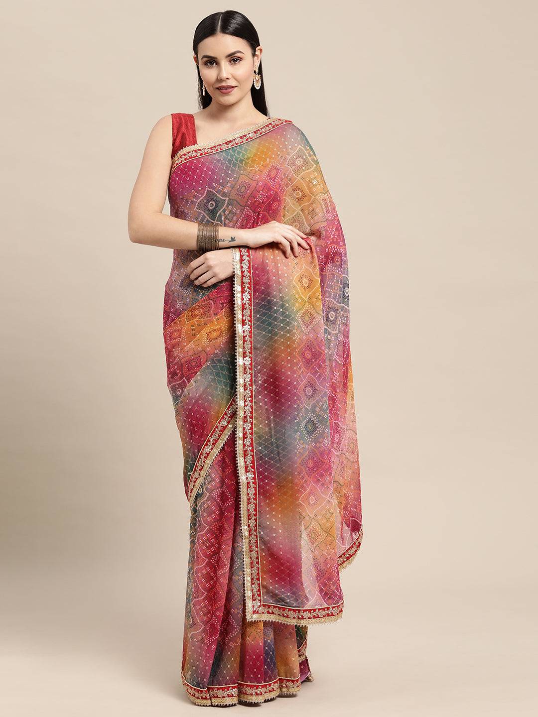 Poly Georgette Bandhani Saree With Sequence Work Border