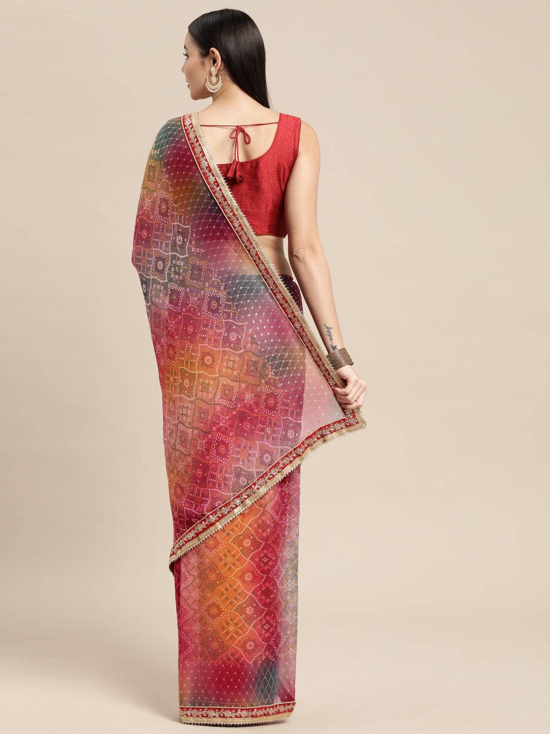 Poly Georgette Bandhani Saree With Sequence Work Border
