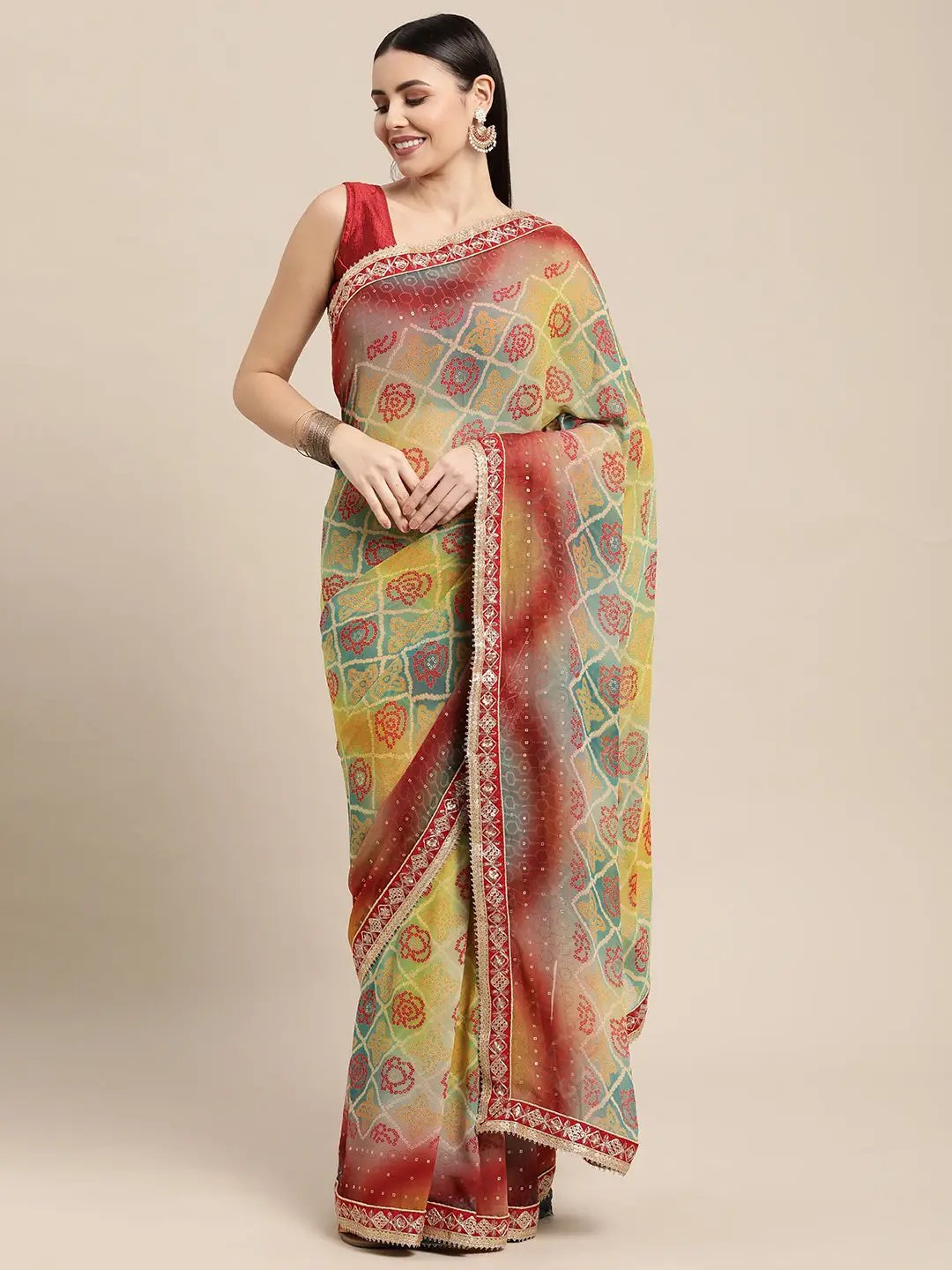 Georgette Bandhani Saree With Embroidery Work - Vastranand
