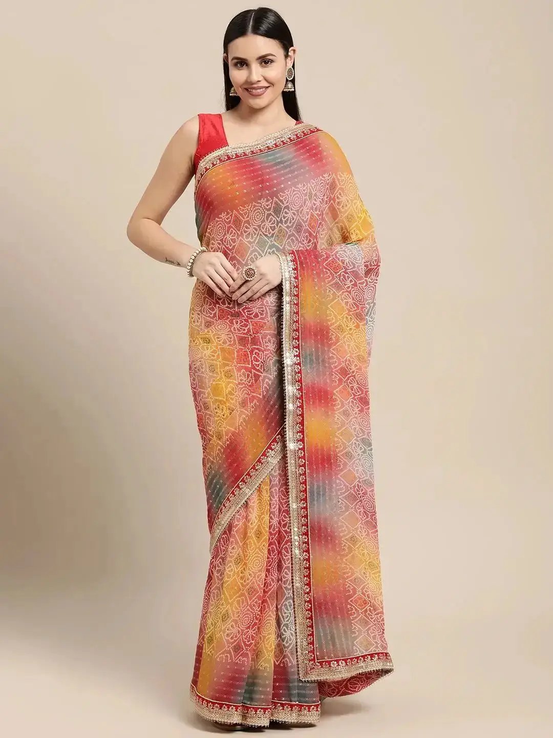 Georgette Bandhani Saree with foil print and lace border