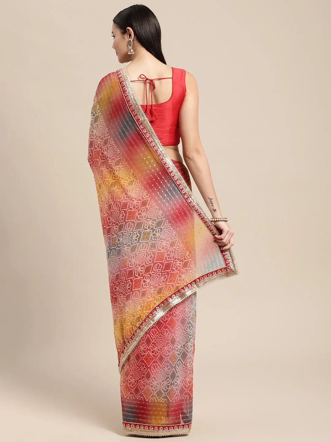 Georgette Bandhani Saree with foil print and lace border