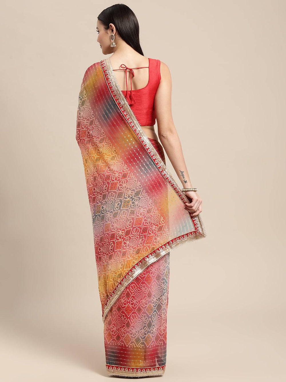 Poly Georgette Bandhani Saree With Sequence Work Border