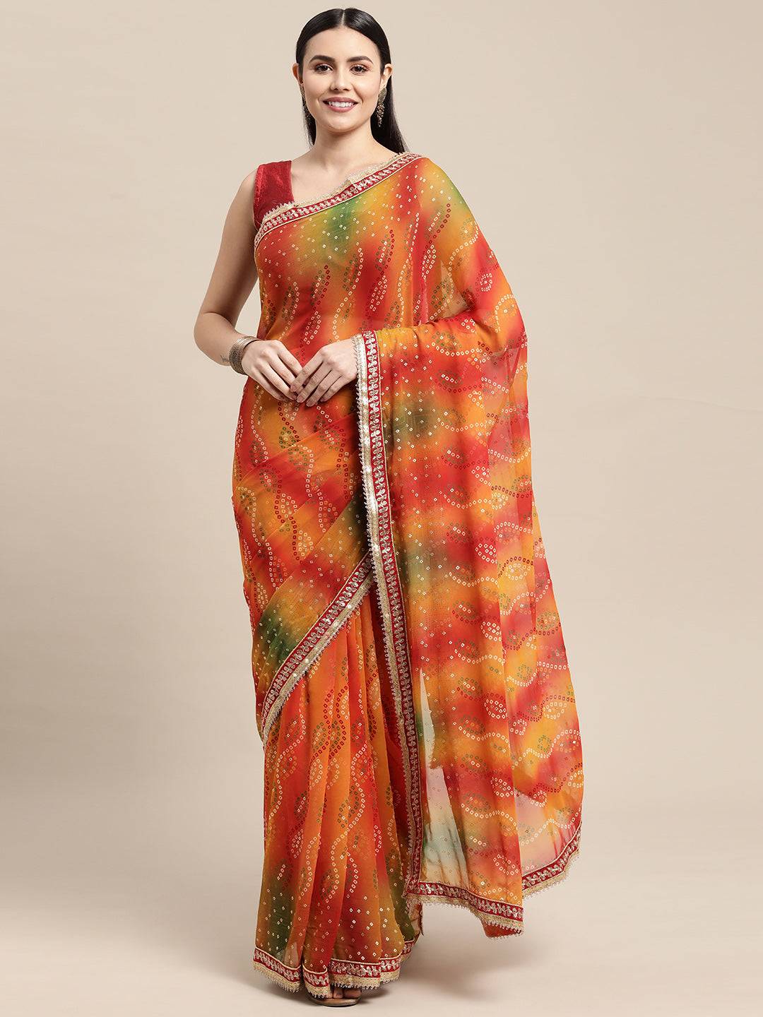 Georgette Bandhani Saree With Foil Print And Lace Border