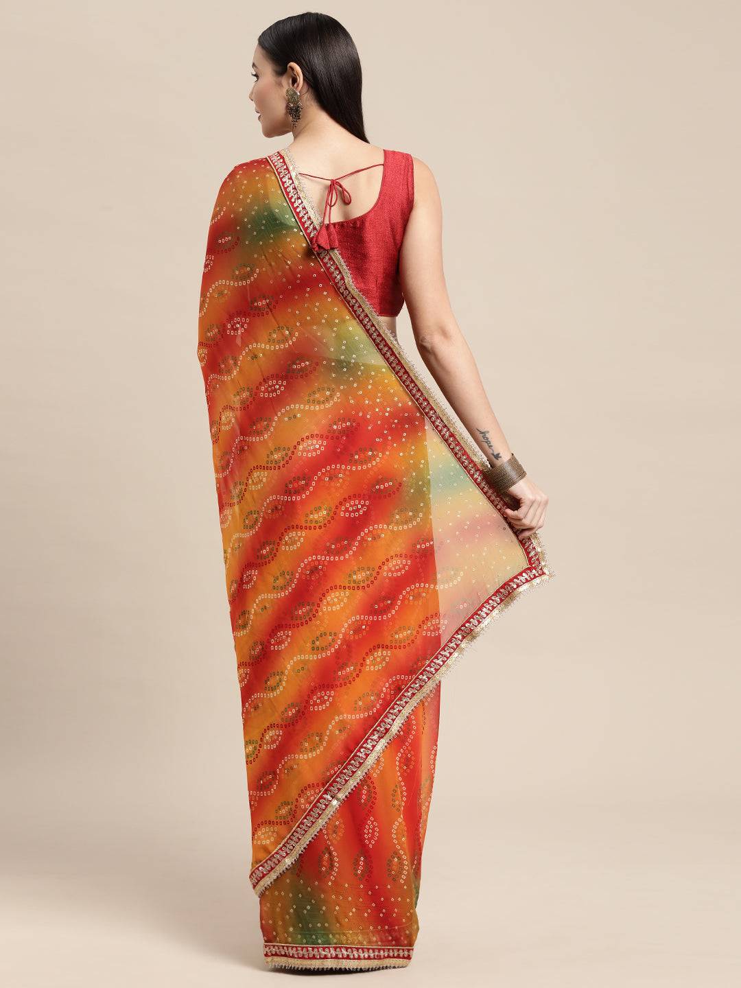 Georgette Bandhani Saree With Foil Print And Lace Border