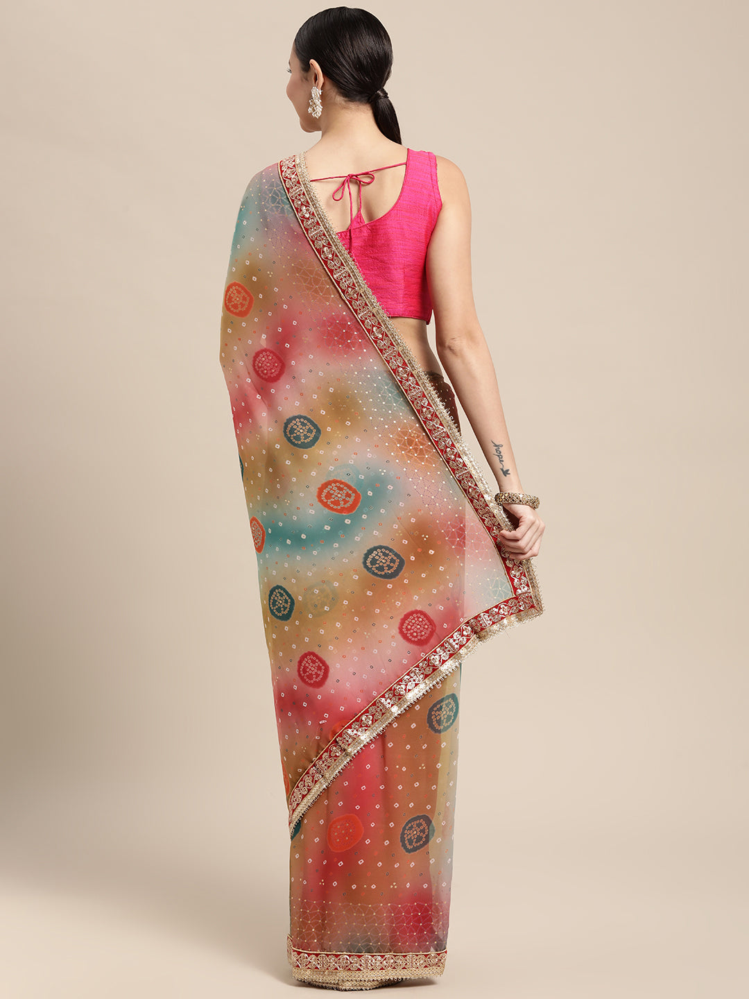 Georgette Bandhani Saree With Foil Print And Lace Border