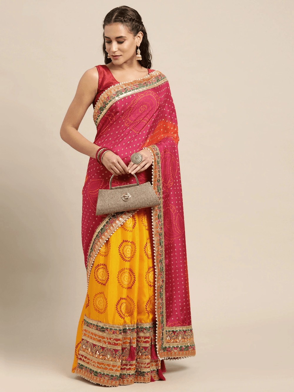  Poly Chiffon Half Half Bandhej Print Saree
