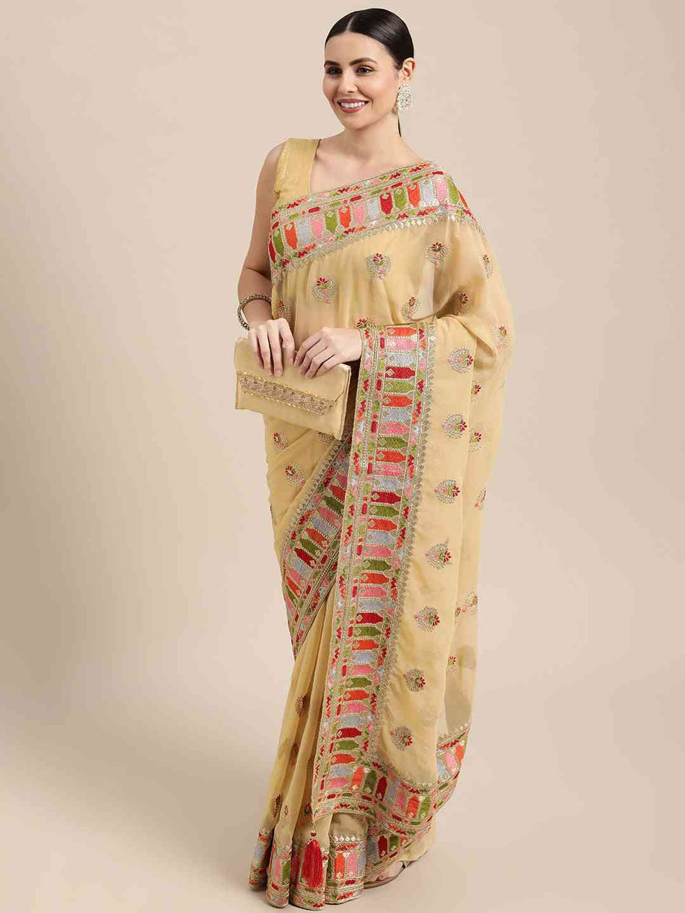 Georgette Bandhani With Embroidered Work Lace Border Saree
