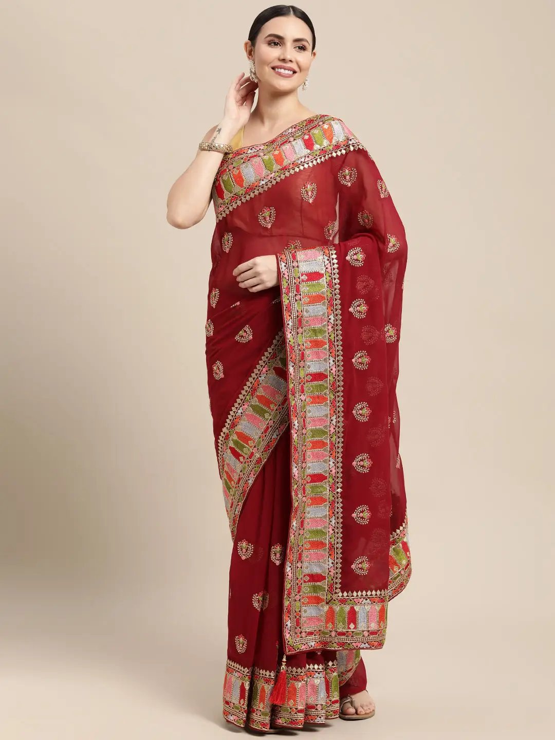 Georgette Bandhani With Embroidered Work Lace Border Saree