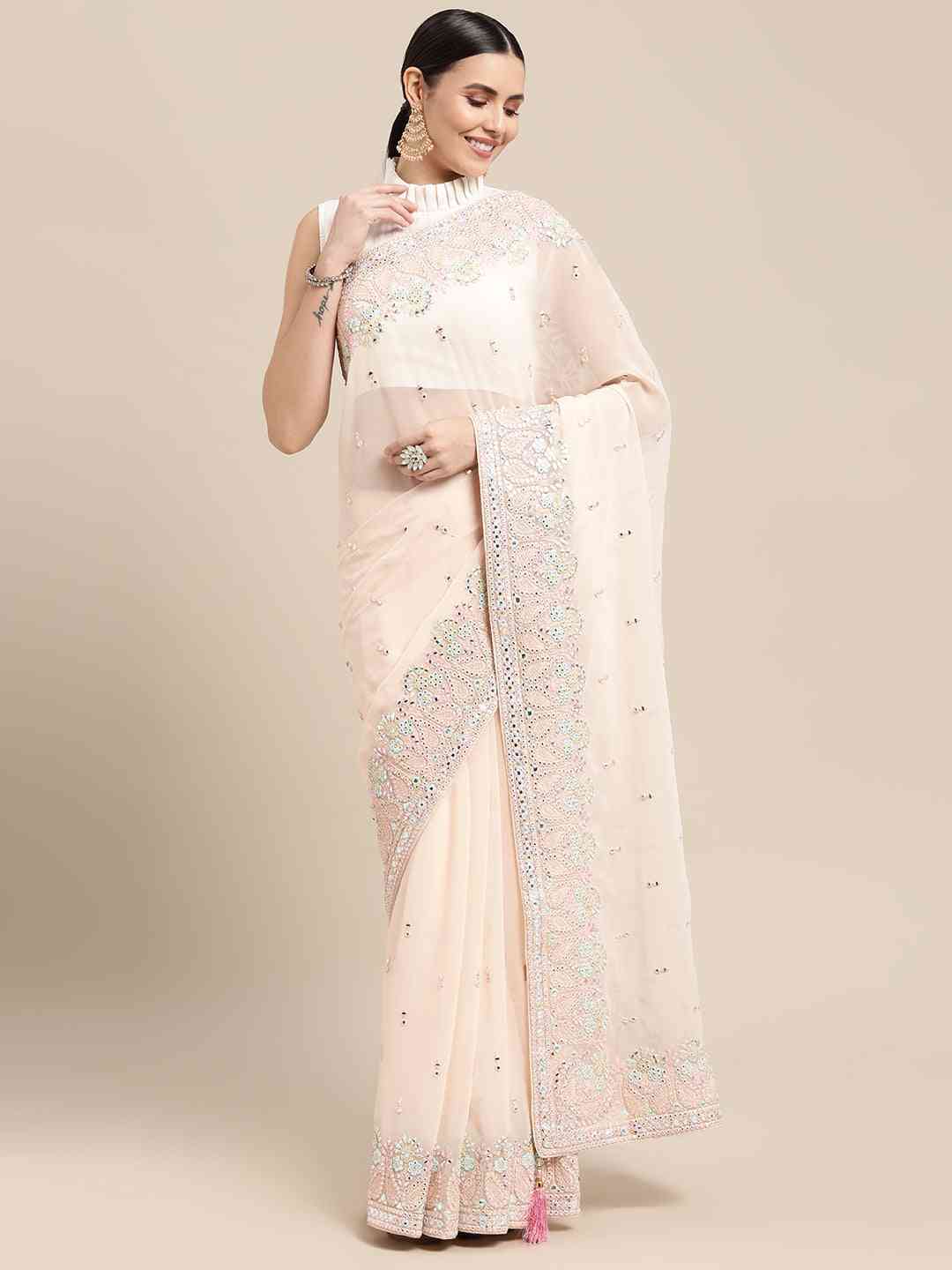 Pure Georgette With Chikankari Embroidered Work Saree