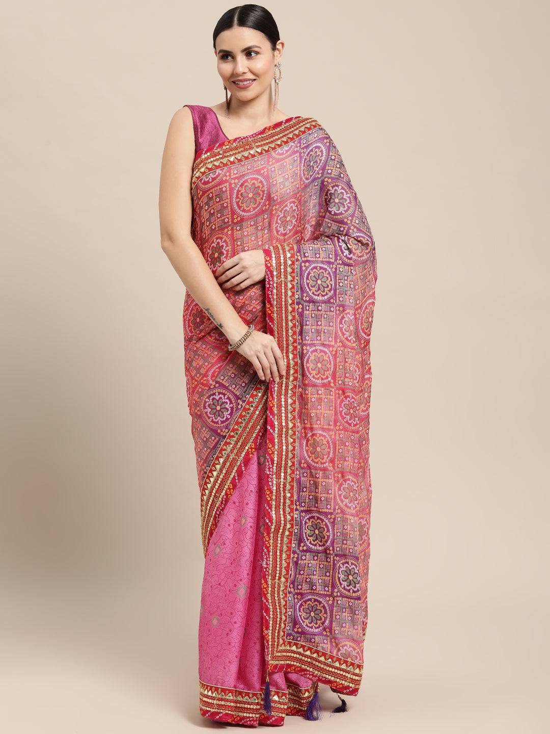 Purple Bandhani Print Silk Saree With Gota Patti Border