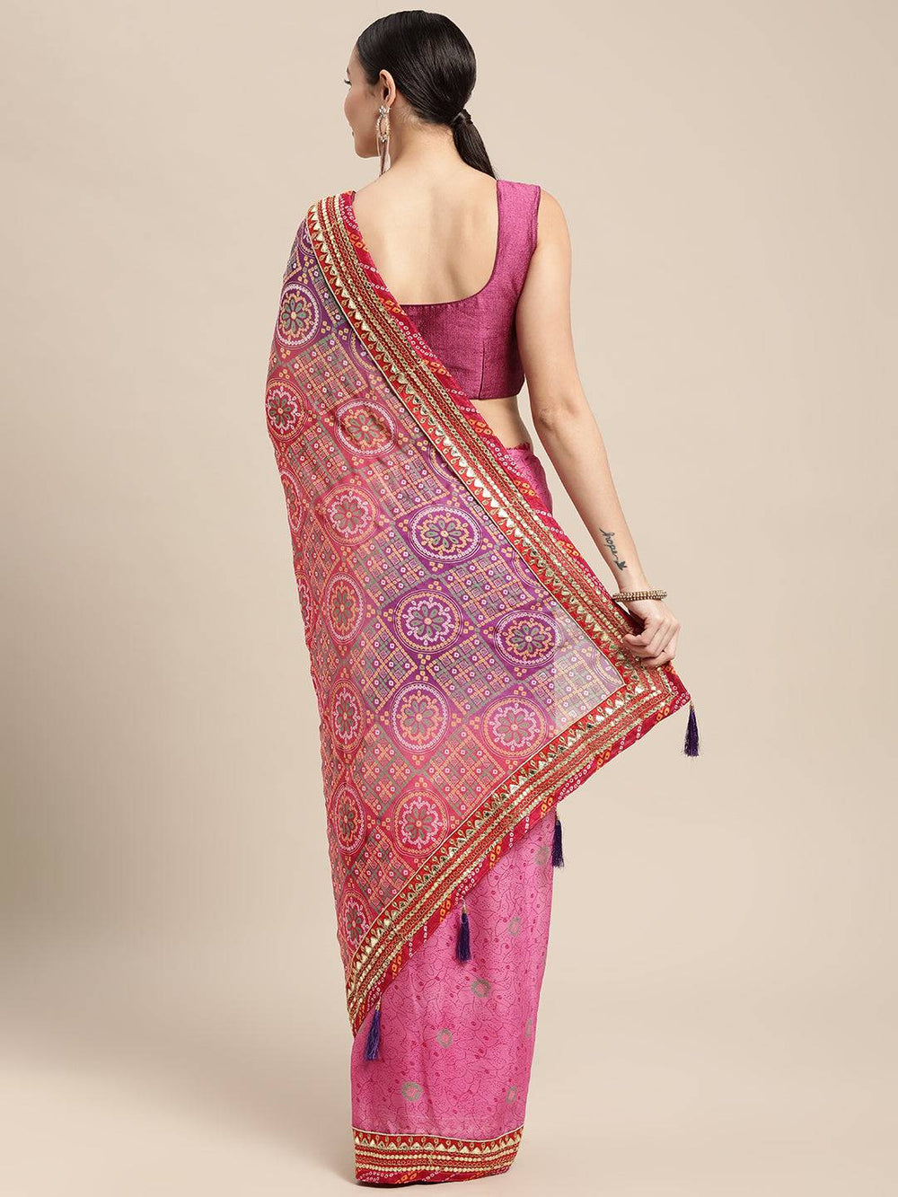 Purple Bandhani Print Silk Saree With Gota Patti Border
