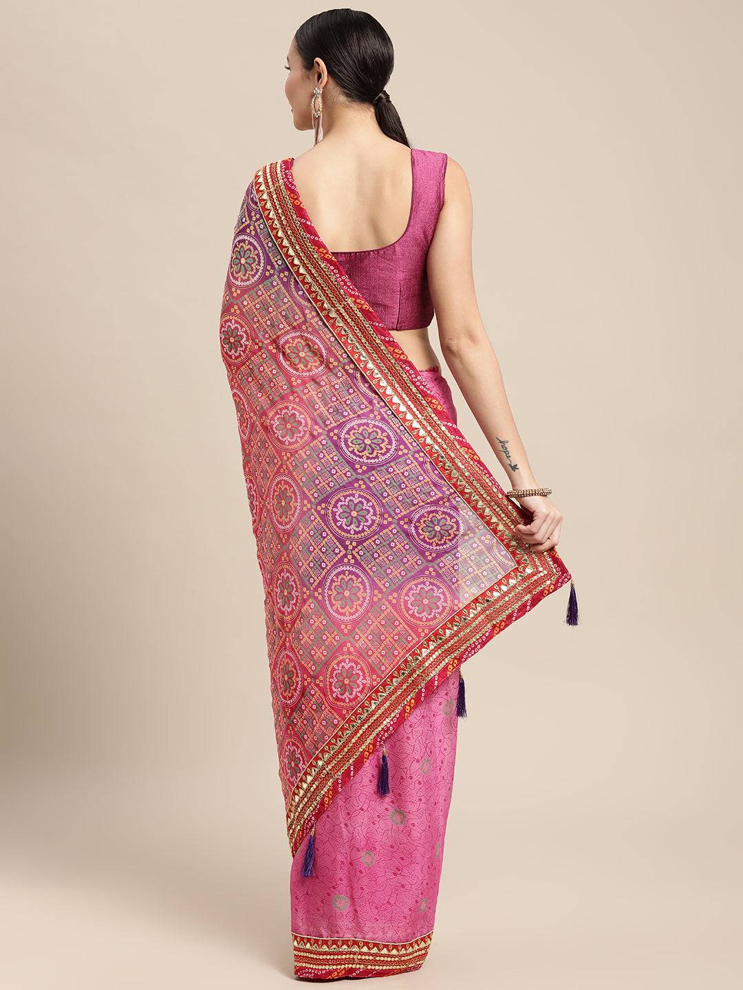 Purple Bandhani Print Silk Saree With Gota Patti Border