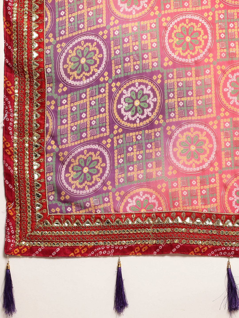 Purple Bandhani Print Silk Saree With Gota Patti Border