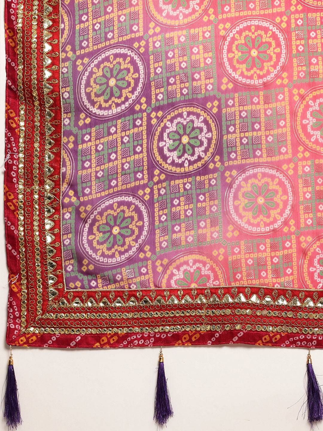 Purple Bandhani Print Silk Saree With Gota Patti Border
