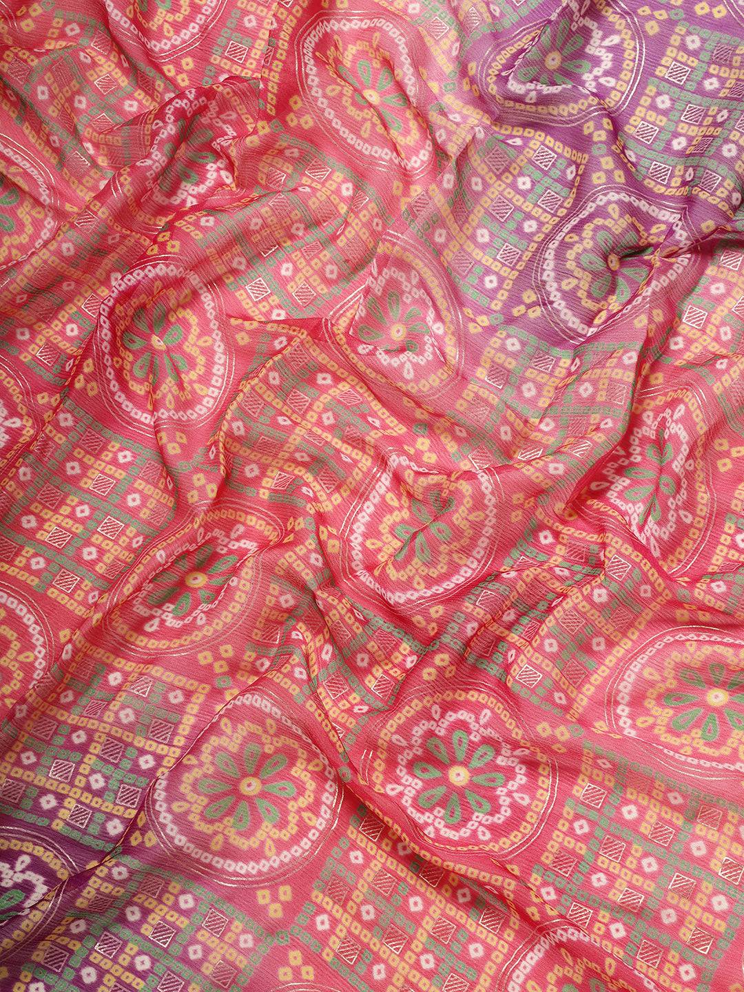 Purple Bandhani Print Silk Saree With Gota Patti Border