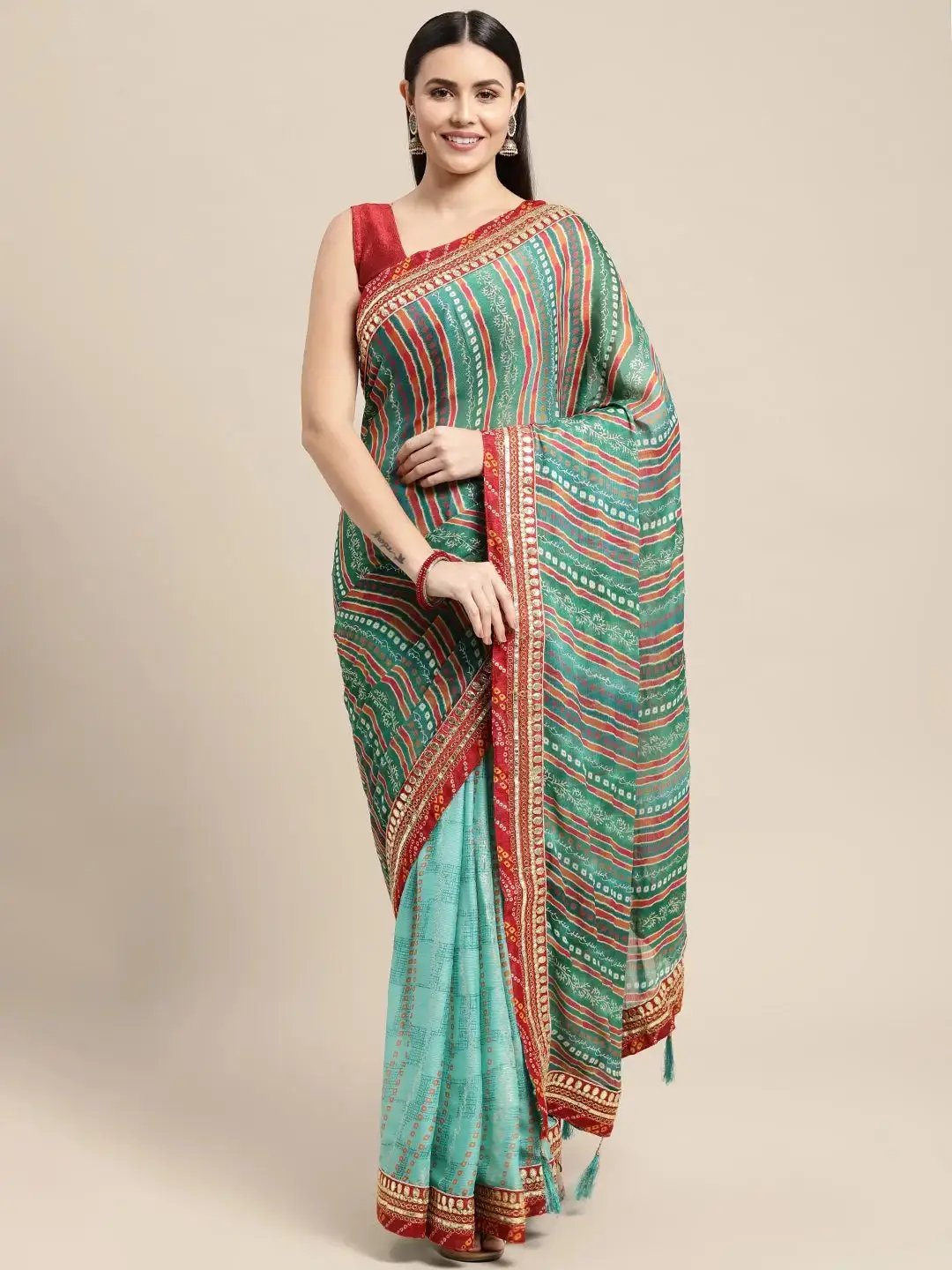 Latest Poly Chiffon Gota Patti Work Bandhani Print Saree