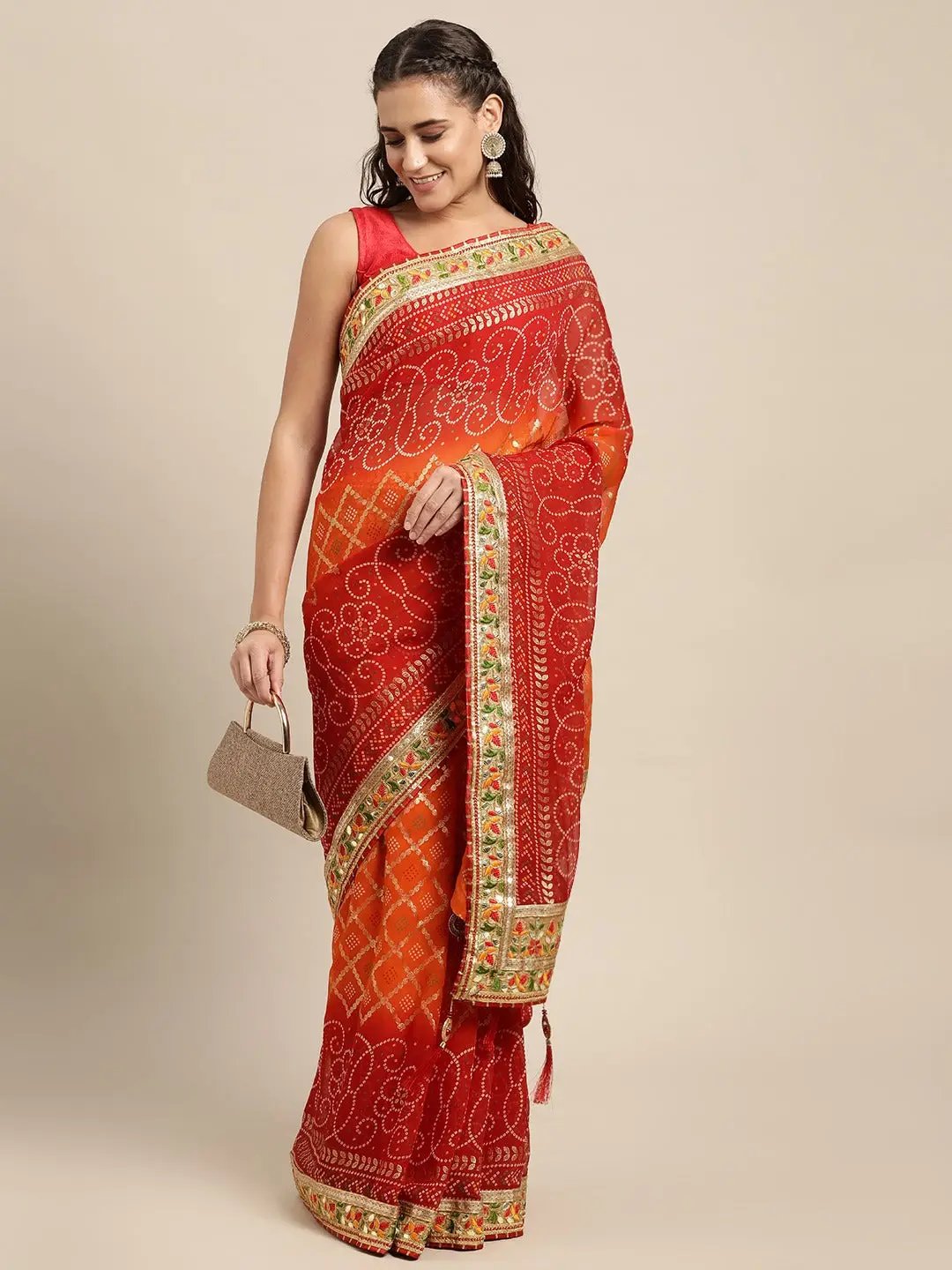 Poly Chiffon Saree with Gota Patti Work Bandhej Print