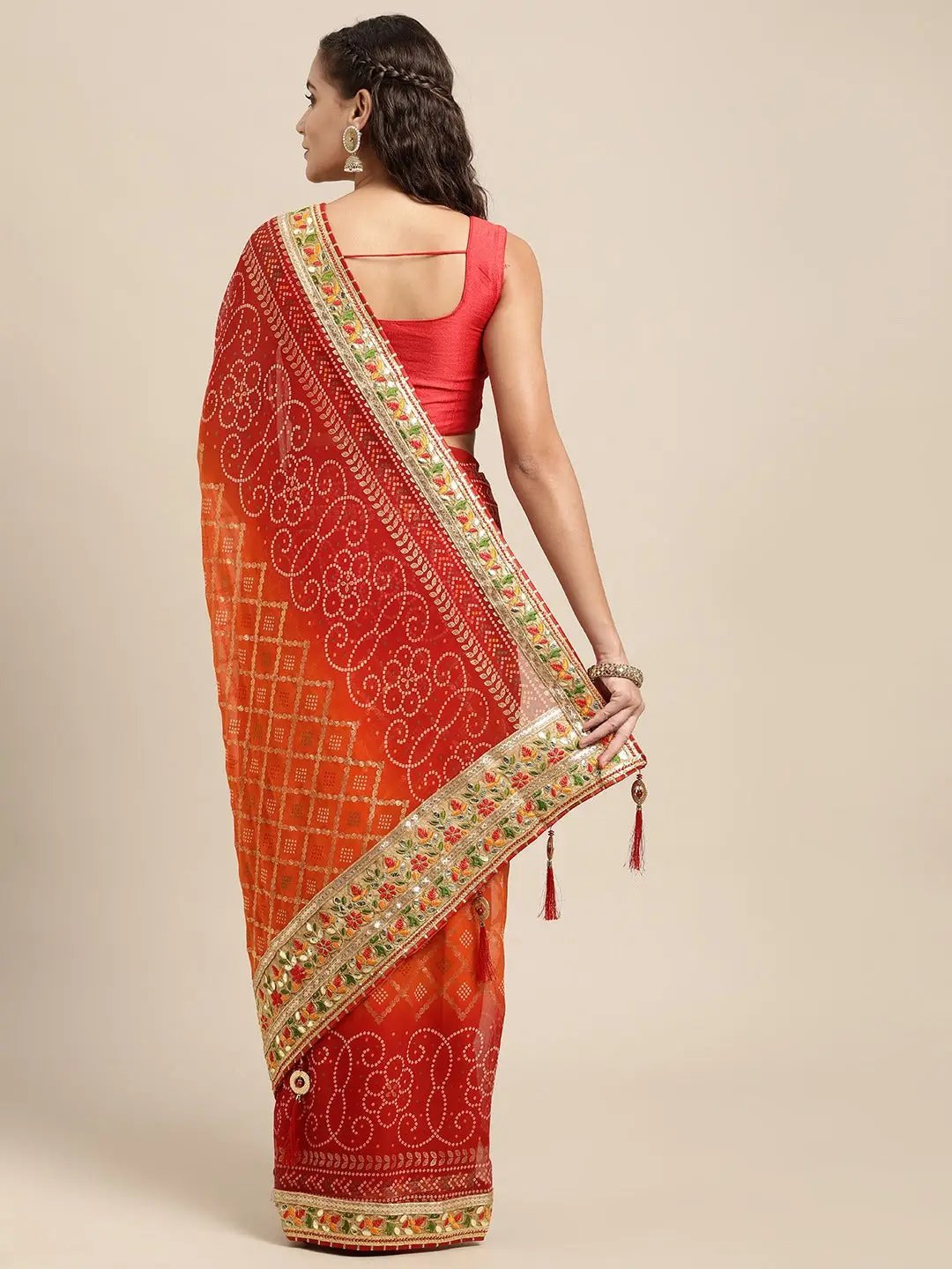 Poly Chiffon Saree with Gota Patti Work Bandhej Print