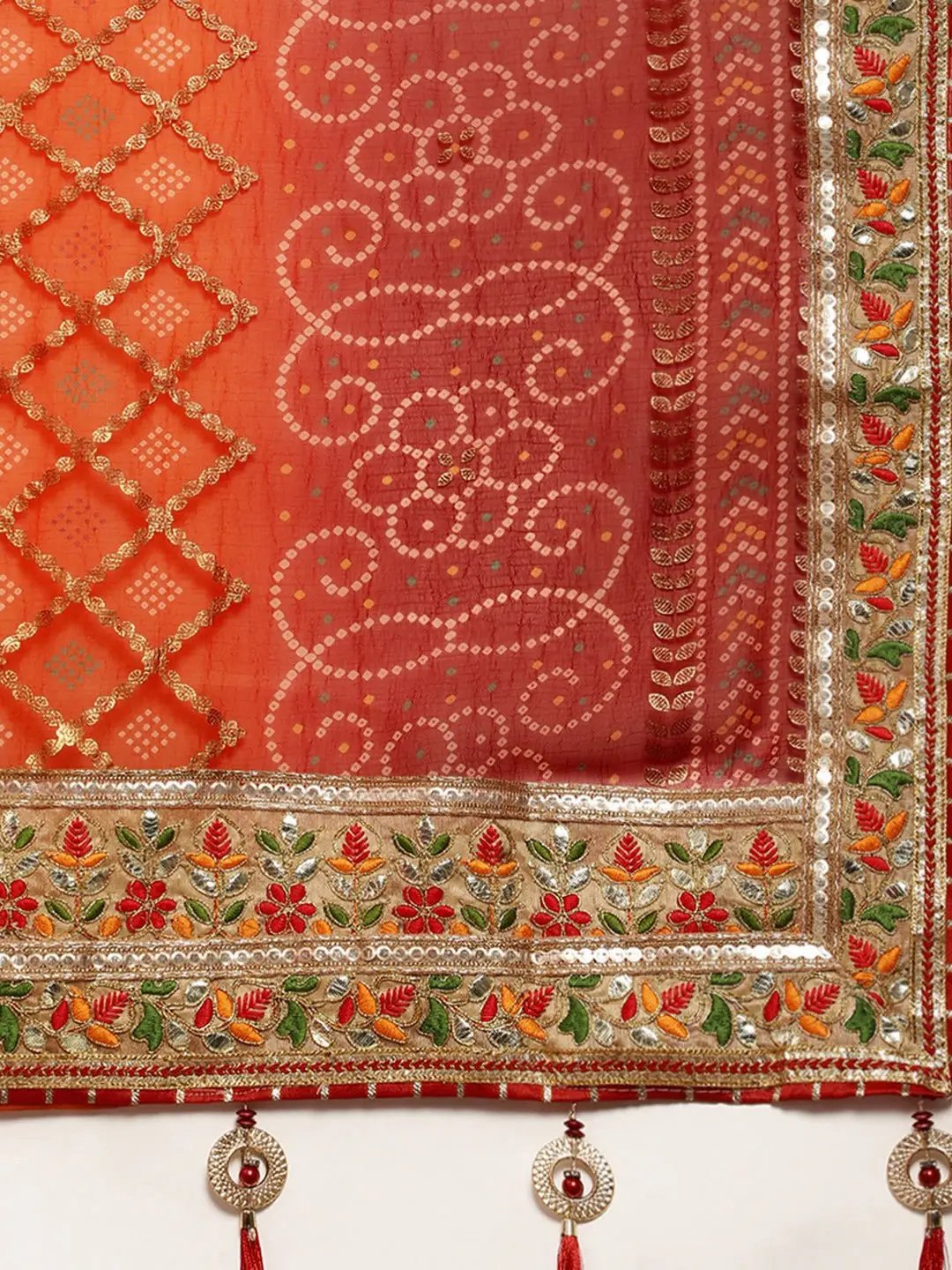 Poly Chiffon Saree with Gota Patti Work Bandhej Print