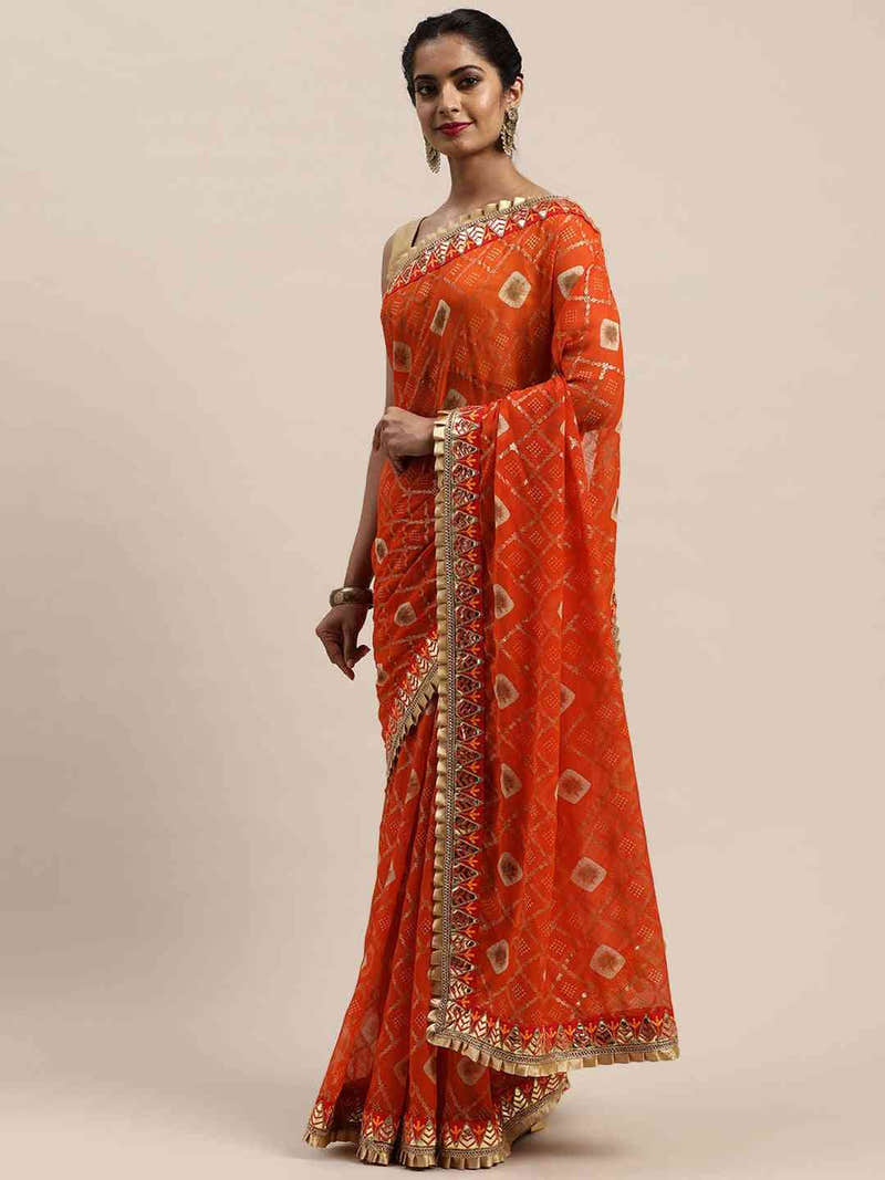Poly Chiffon Foil & Bandhej Print Lace Border Saree