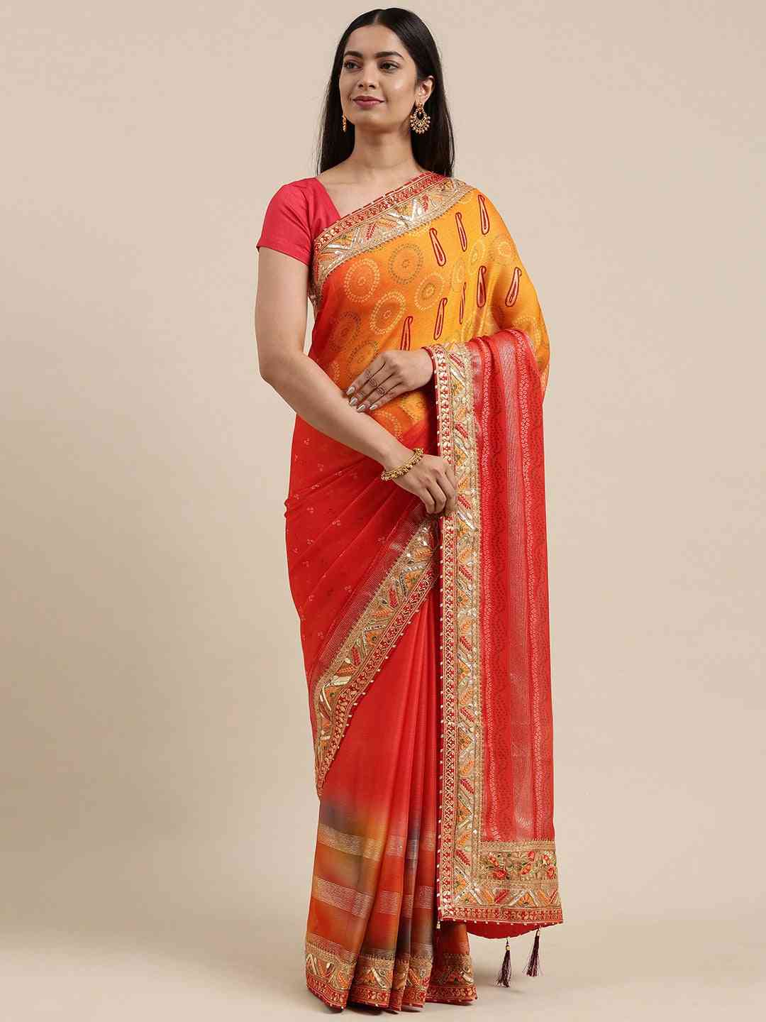 Poly Chiffon Foil & Bandhej Print Festive Saree