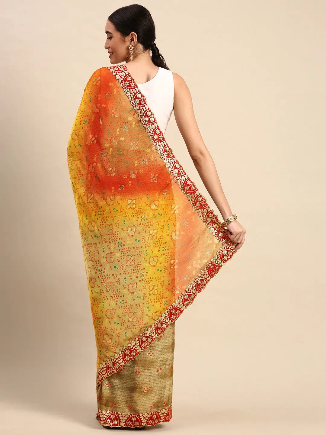 Shop Chiffon Bandhani Saree With Foil Print Work