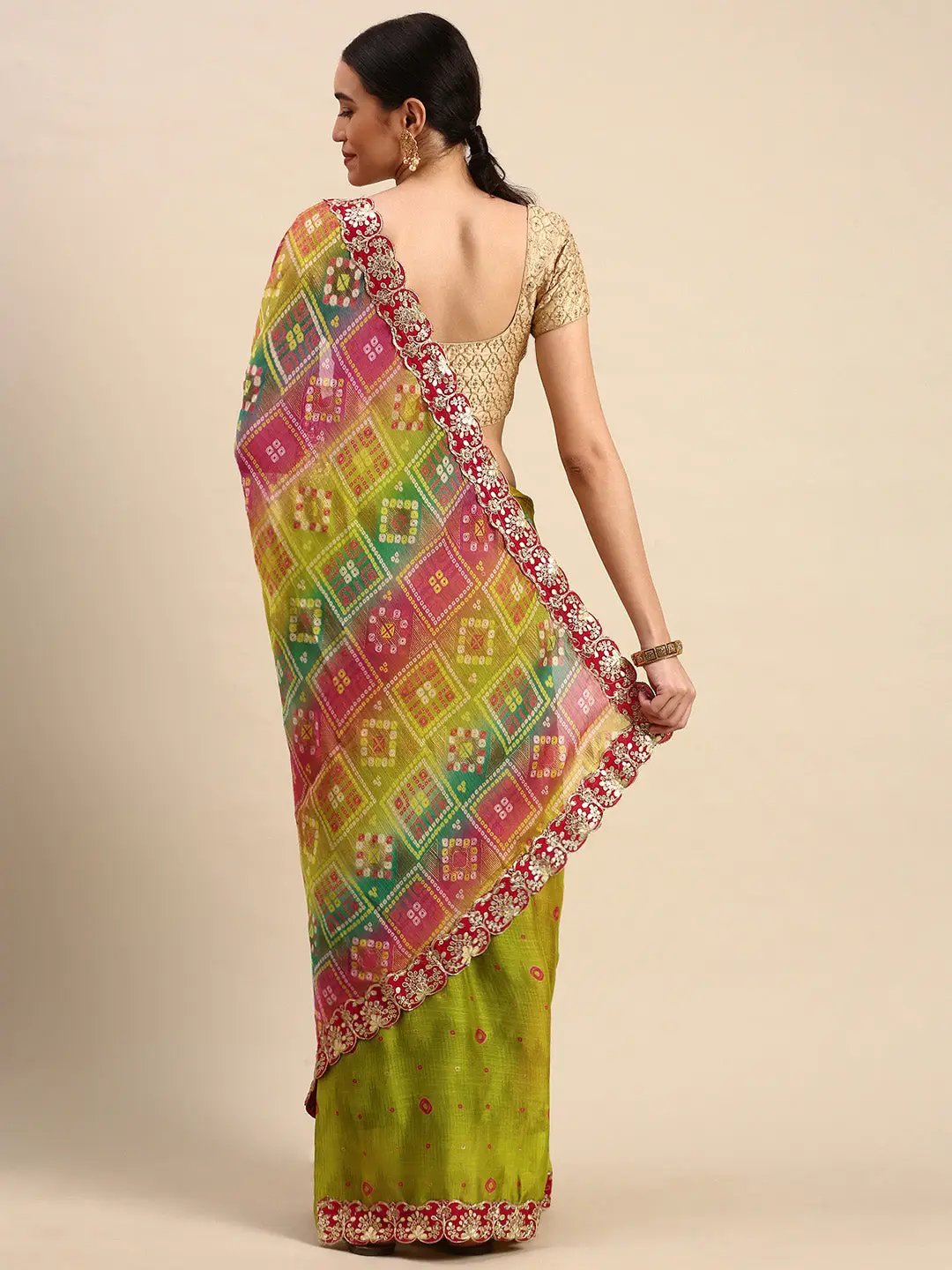 Chiffon Bandhani Saree With Foil Print Work 