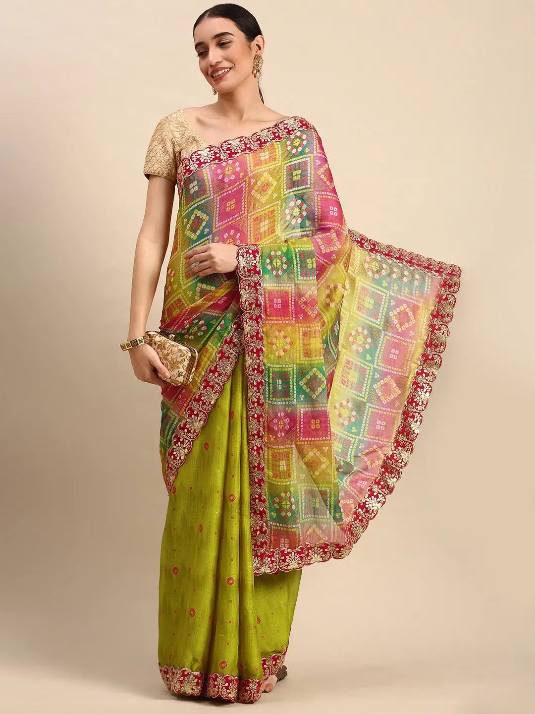 Chiffon Bandhani Saree With Foil Print Work 